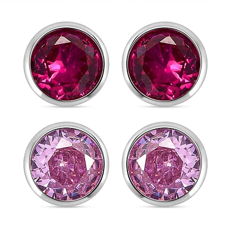 Set of 2 - Simulated Pink Sapphire (Rnd), Simulated Ruby Stud Earrings (with Push Back) in Rhodium Plated Sterling Silver