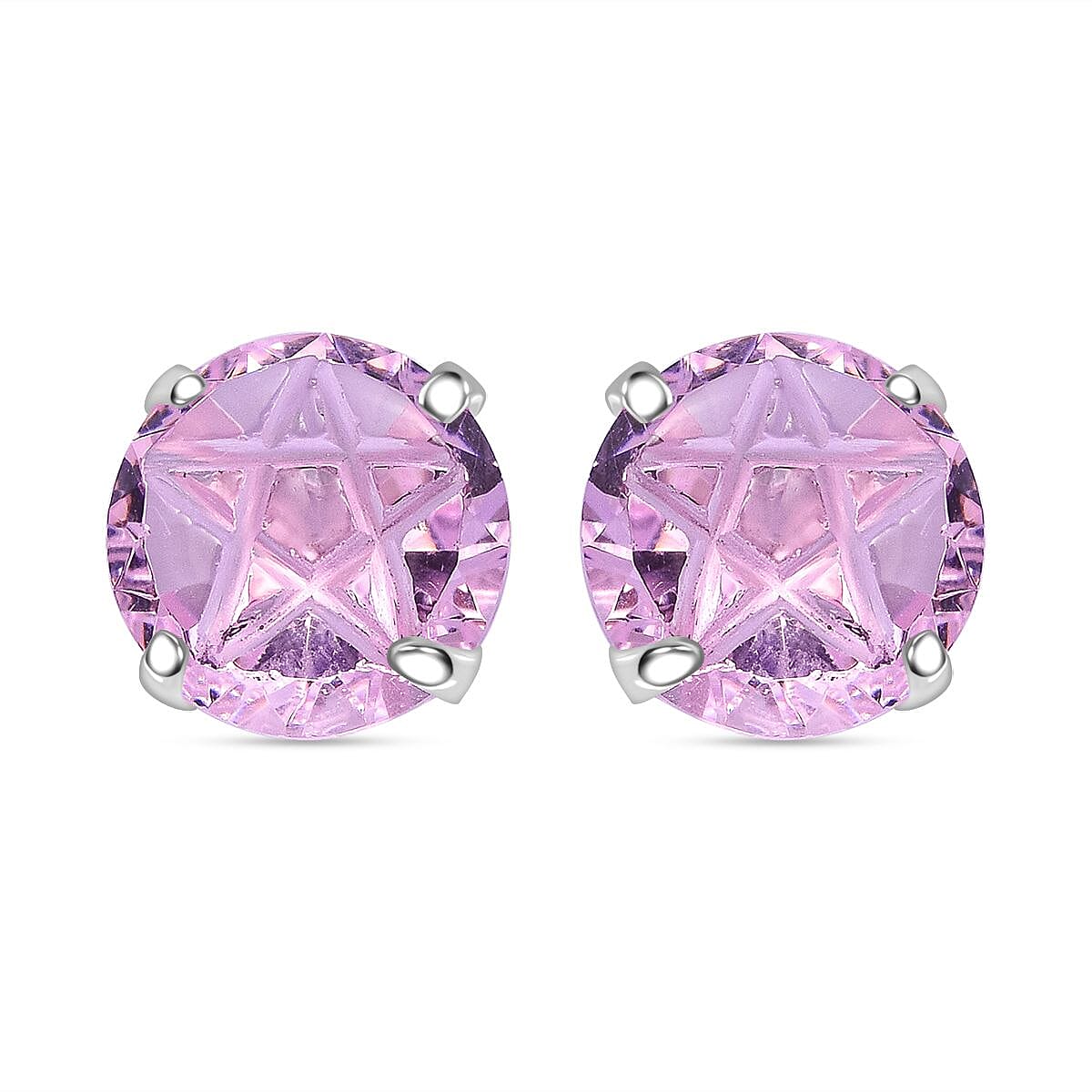 Set of 2 - Simulated Pink Sapphire (Rnd), Simulated Ruby Stud Earrings (with Push Back) in Rhodium Plated Sterling Silver