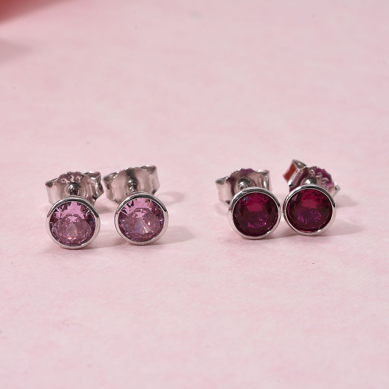Set of 2 - Simulated Pink Sapphire (Rnd), Simulated Ruby Stud Earrings (with Push Back) in Rhodium Plated Sterling Silver