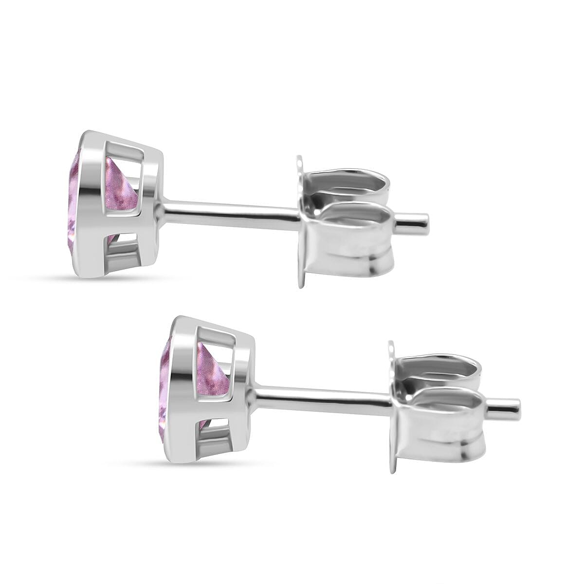 Set of 2 - Simulated Pink Sapphire (Rnd), Simulated Ruby Stud Earrings (with Push Back) in Rhodium Plated Sterling Silver