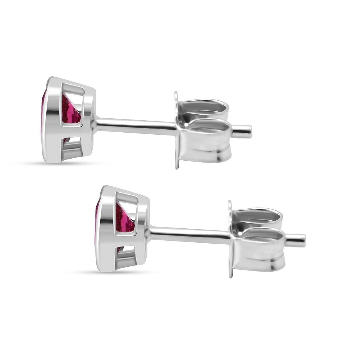 Set of 2 - Simulated Pink Sapphire (Rnd), Simulated Ruby Stud Earrings (with Push Back) in Rhodium Plated Sterling Silver