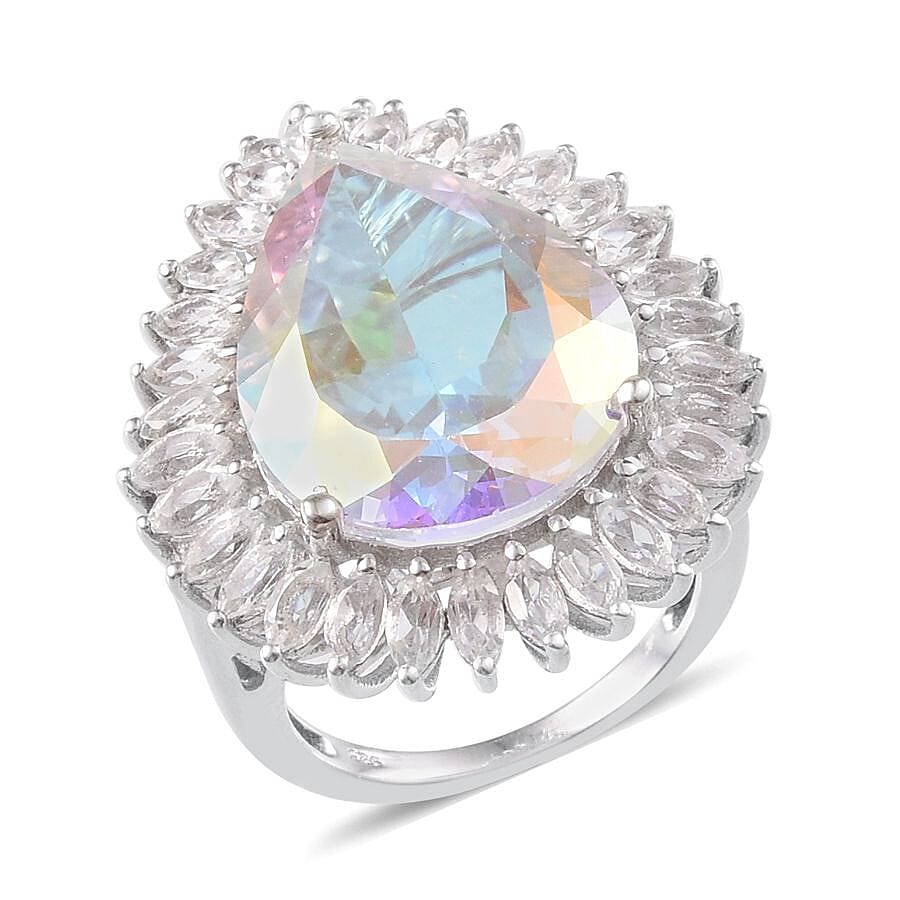 Mercury Mystic Topaz (Pear 19.95 Ct), White Topaz Ring in Platinum Overlay Sterling Silver 23.250 Ct.