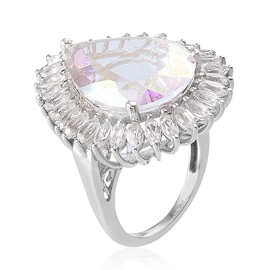 Mercury Mystic Topaz (Pear 19.95 Ct), White Topaz Ring in Platinum Overlay Sterling Silver 23.250 Ct.