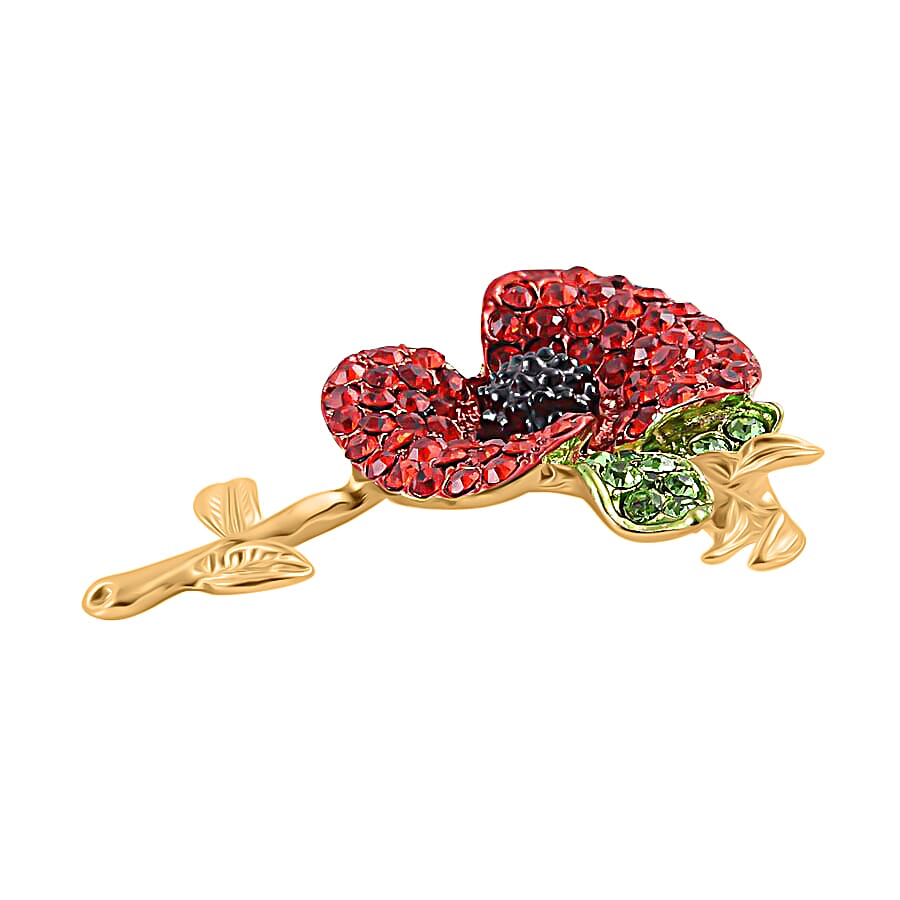 Red and Green Austrian Crystal Enameled Flower Brooch in Gold Tone