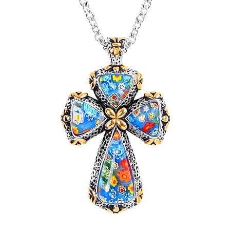 Murano Style Glass Cross Pendant With Chain  0.010  Ct.