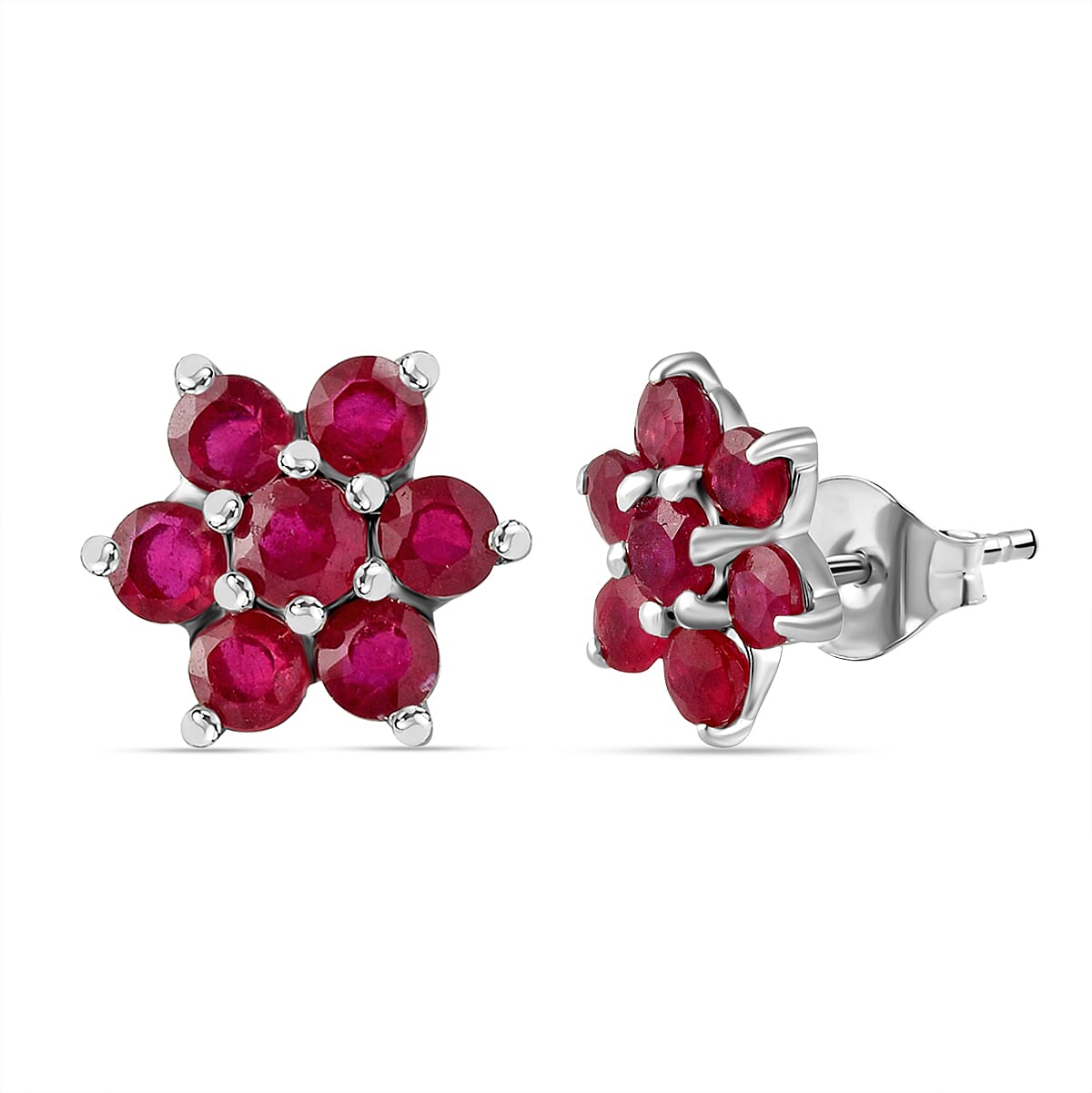 Ruby Floral Stud Earrings with Push Back in Rhodium Plated Sterling Silver 1.25 Ct.