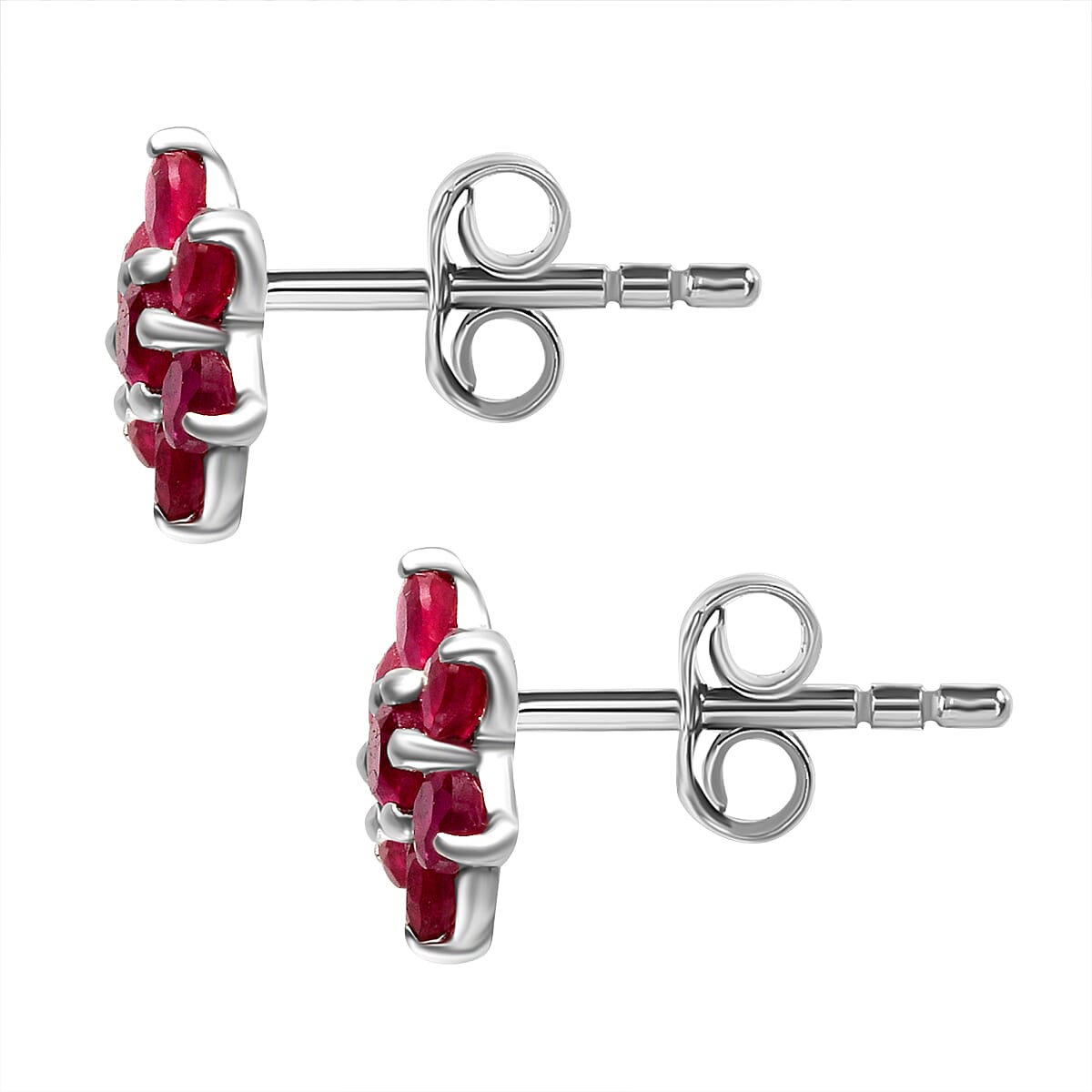 Ruby Floral Stud Earrings with Push Back in Rhodium Plated Sterling Silver 1.25 Ct.