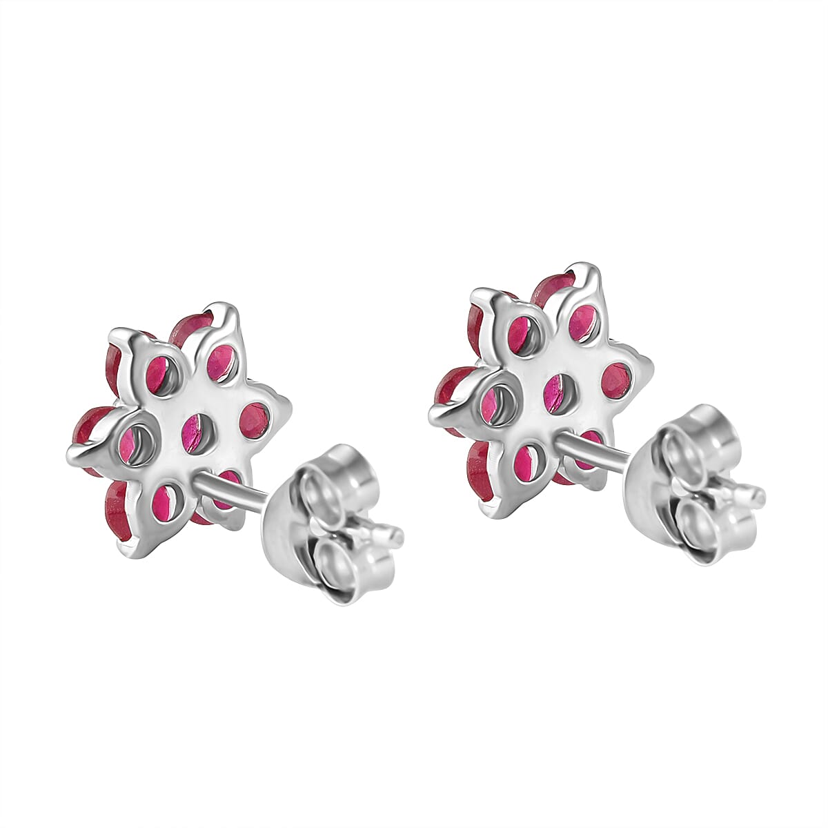 Ruby Floral Stud Earrings with Push Back in Rhodium Plated Sterling Silver 1.25 Ct.