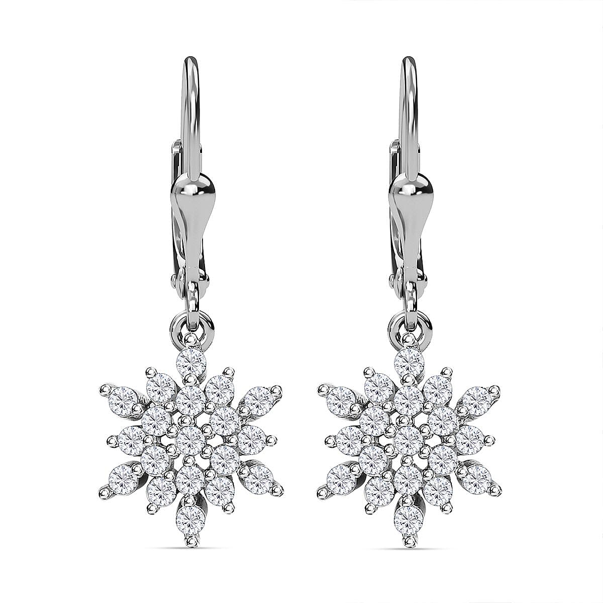 Natural Cambodian Zircon Snowflake Drop Earrings in Platinum Plated Sterling Silver