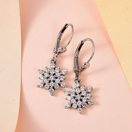 Natural Zircon Snowflake Earrings with Lever Back in Platinum Overlay Sterling Silver 1.33 Ct.