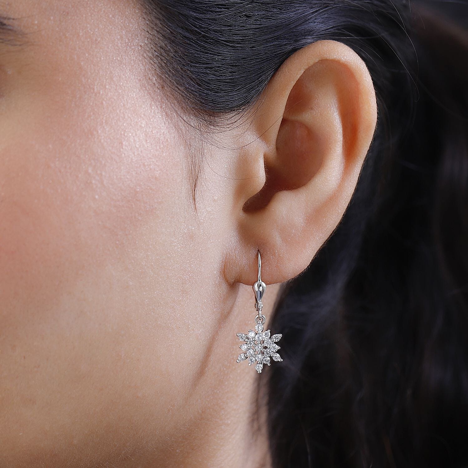 Natural Cambodian Zircon Snowflake Drop Earrings in Platinum Plated Sterling Silver