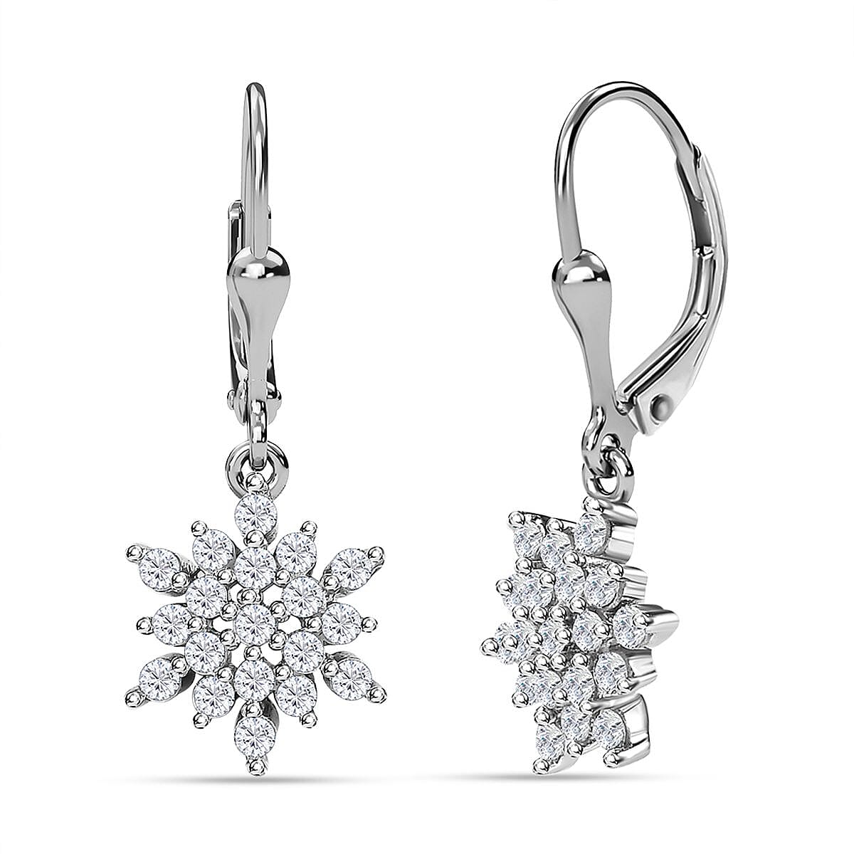 Natural Cambodian Zircon Snowflake Drop Earrings in Platinum Plated Sterling Silver