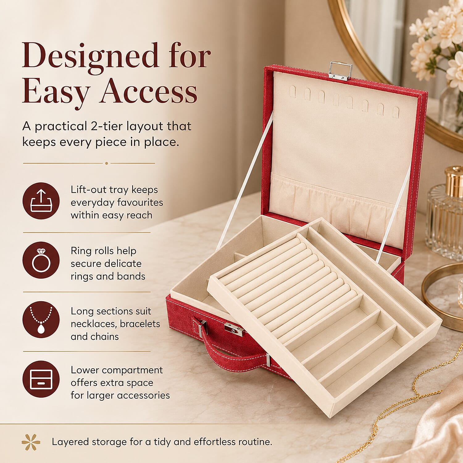 2-Tier Anti-Tarnish Protective Layer Jewellery Box Organizer (26cm) - Red