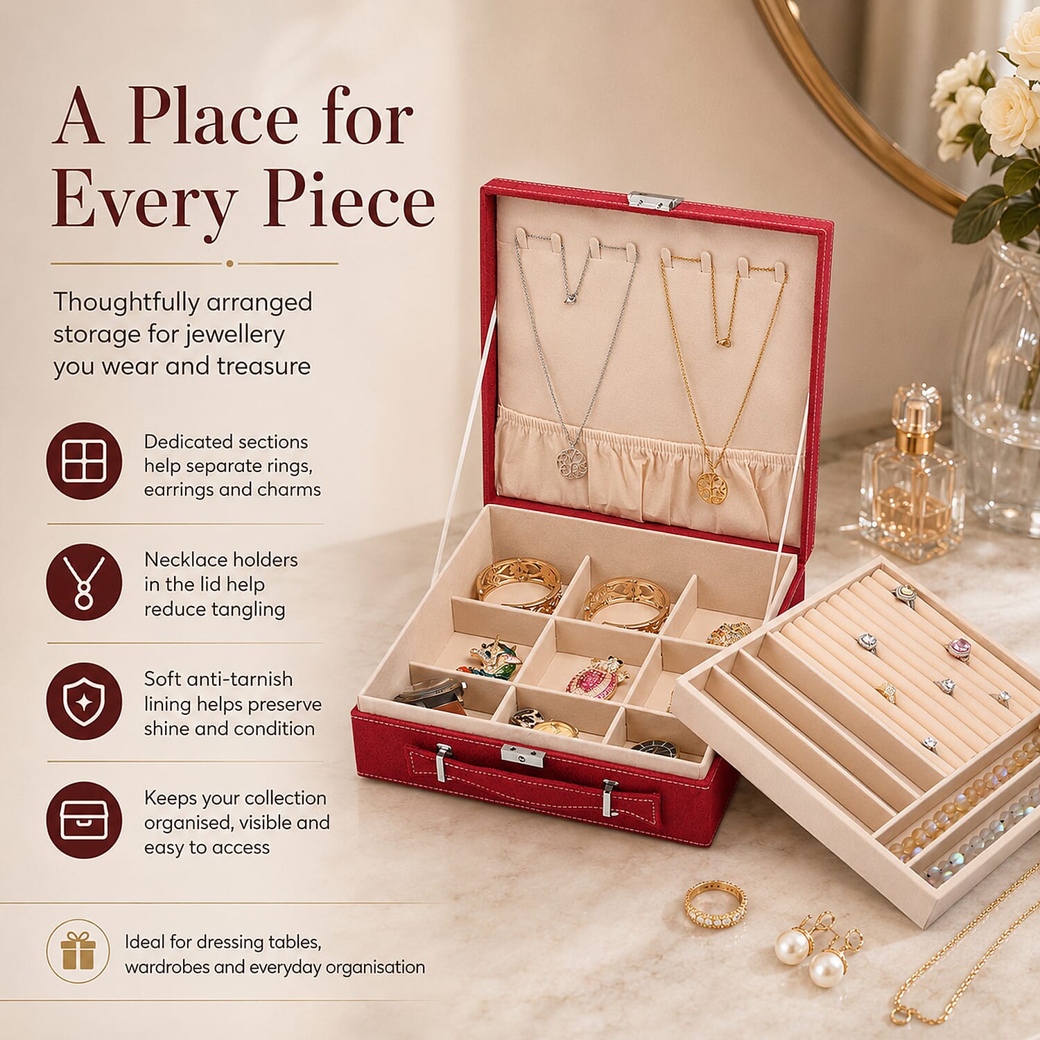 2-Tier Anti-Tarnish Protective Layer Jewellery Box Organizer (26cm) - Red