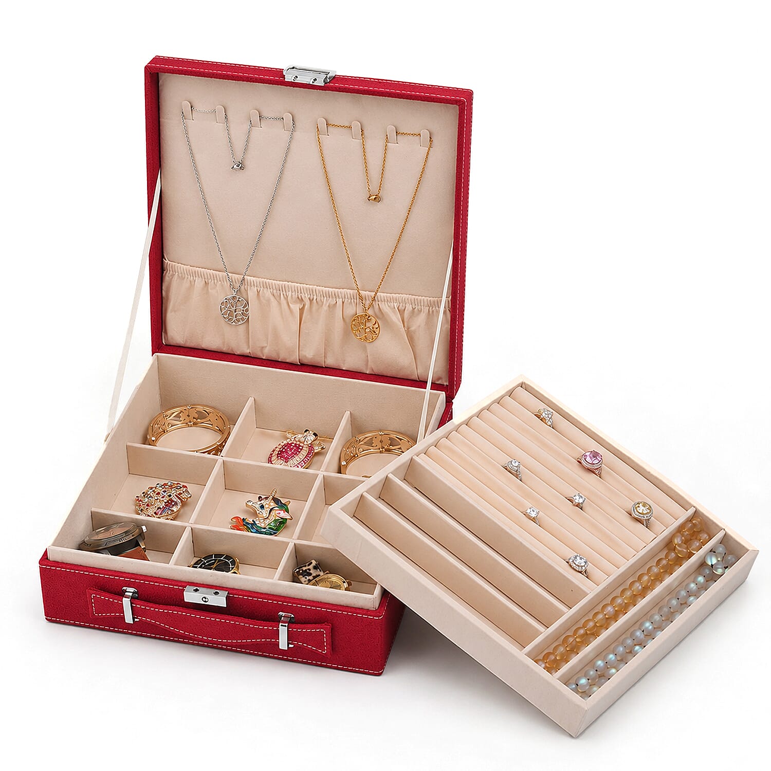 2-Tier Anti-Tarnish Protective Layer Jewellery Box Organizer (26cm) - Red
