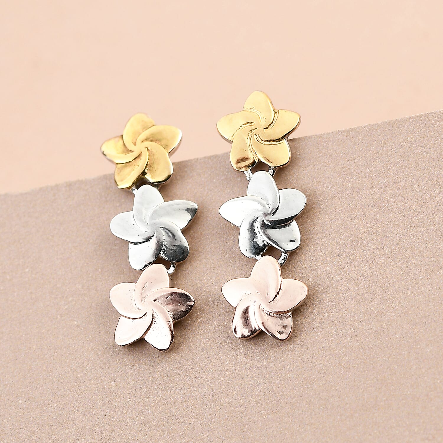 18K Vermeil Yellow Gold & Rose Gold Plated and Platinum Overlay Sterling Silver Flower Earrings