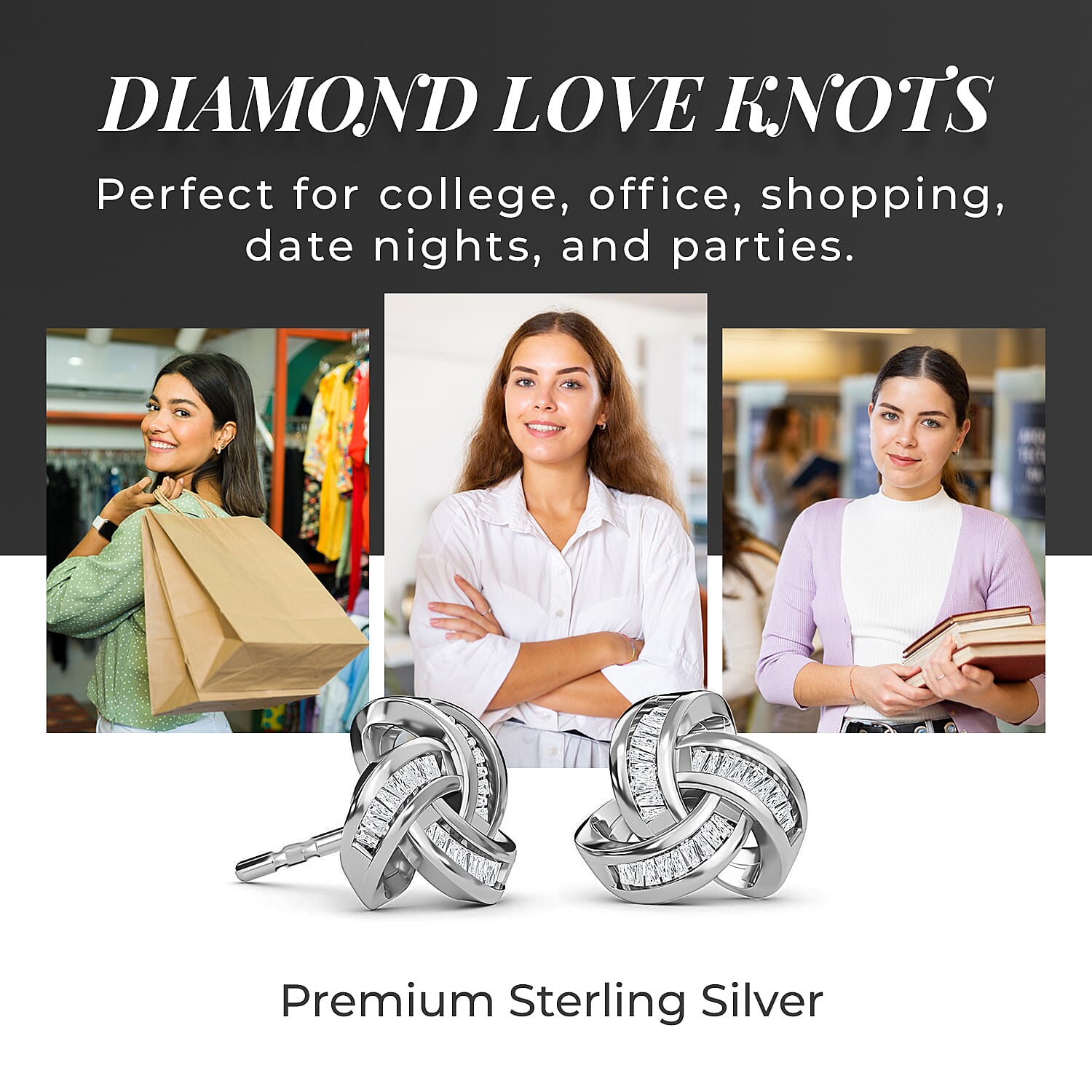 Diamond Triple Knot Stud Push Back Earrings in Platinum Overlay Sterling Silver