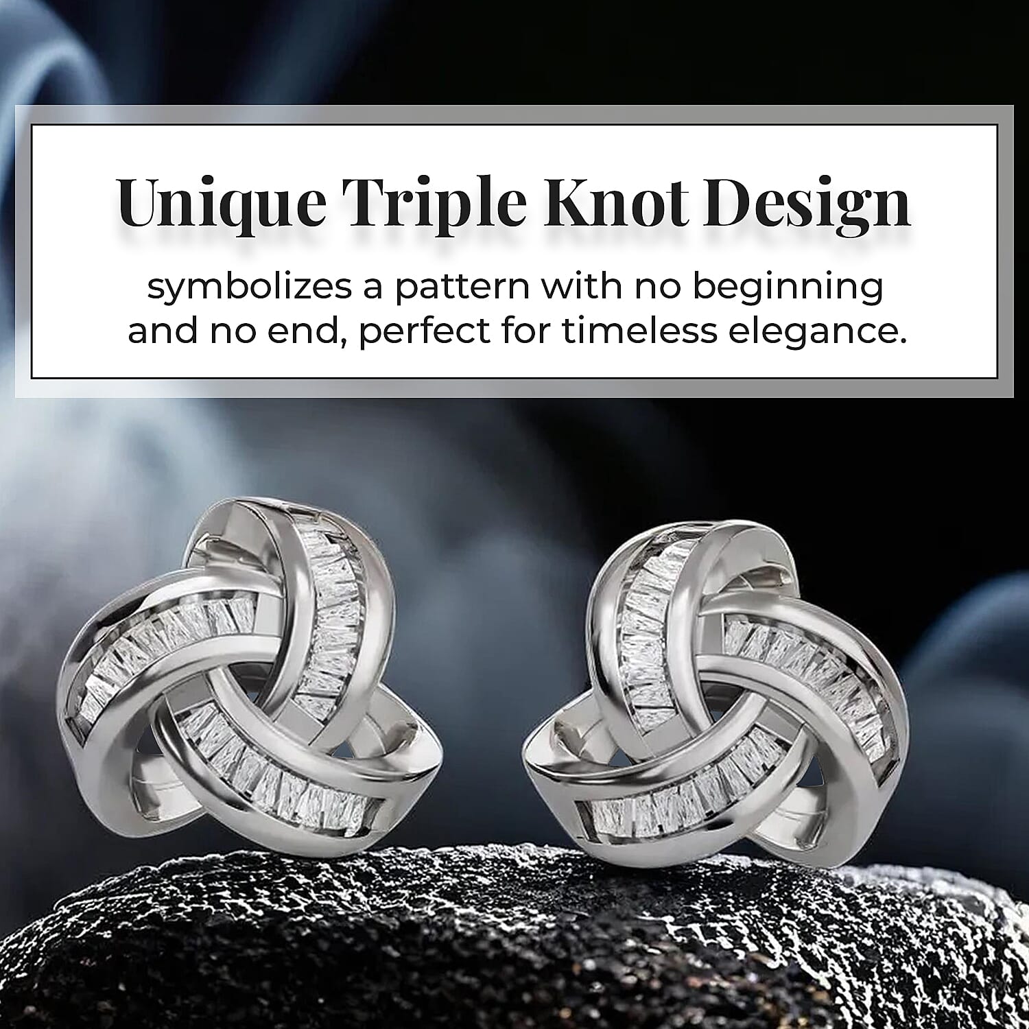 Diamond Triple Knot Stud Push Back Earrings in Platinum Overlay Sterling Silver