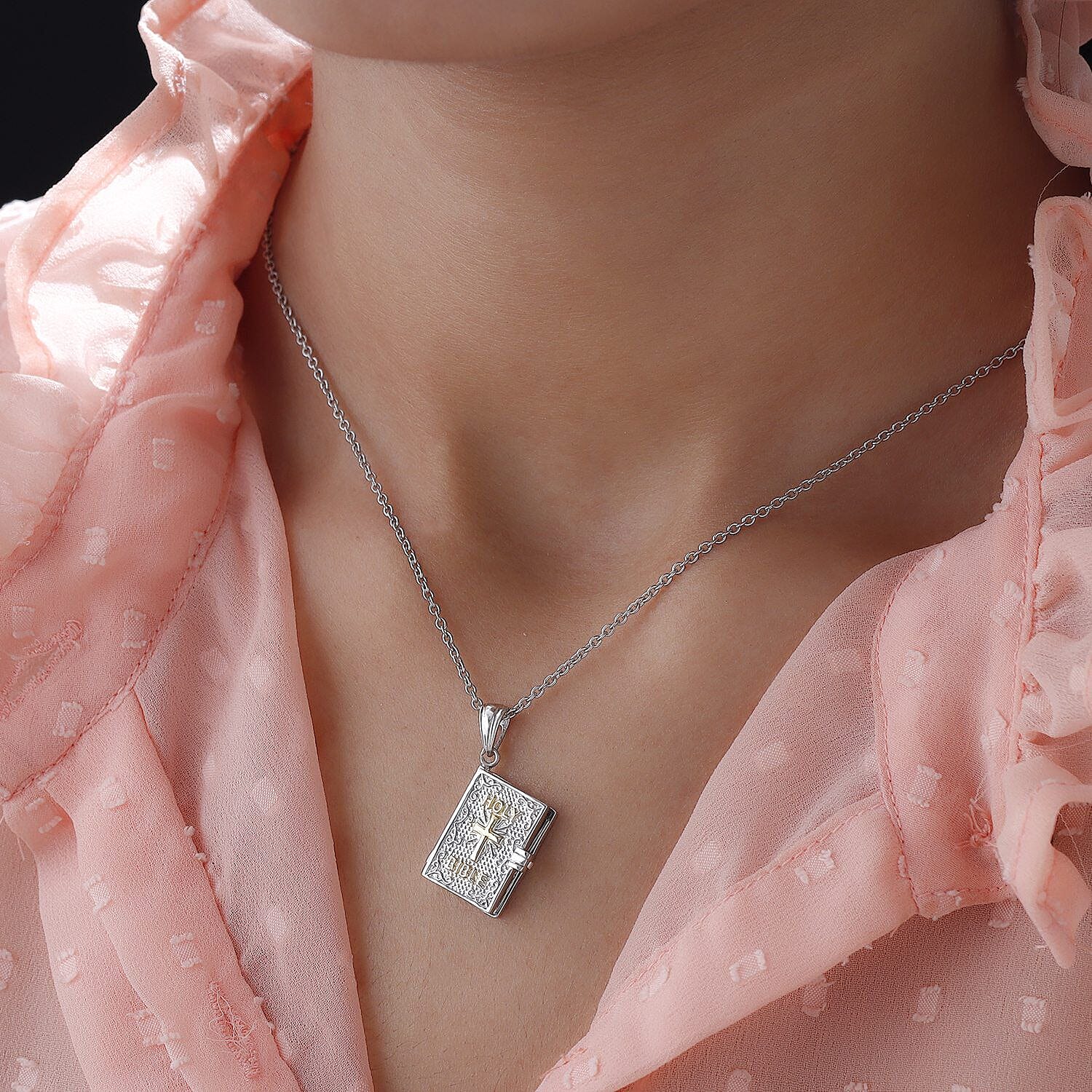 Platinum Overlay Sterling Silver Holy Bible Book (Psalm 23 Verses 1-3) Pendant with Chain (Size  20), Silver Wt. 8.73 Gms.