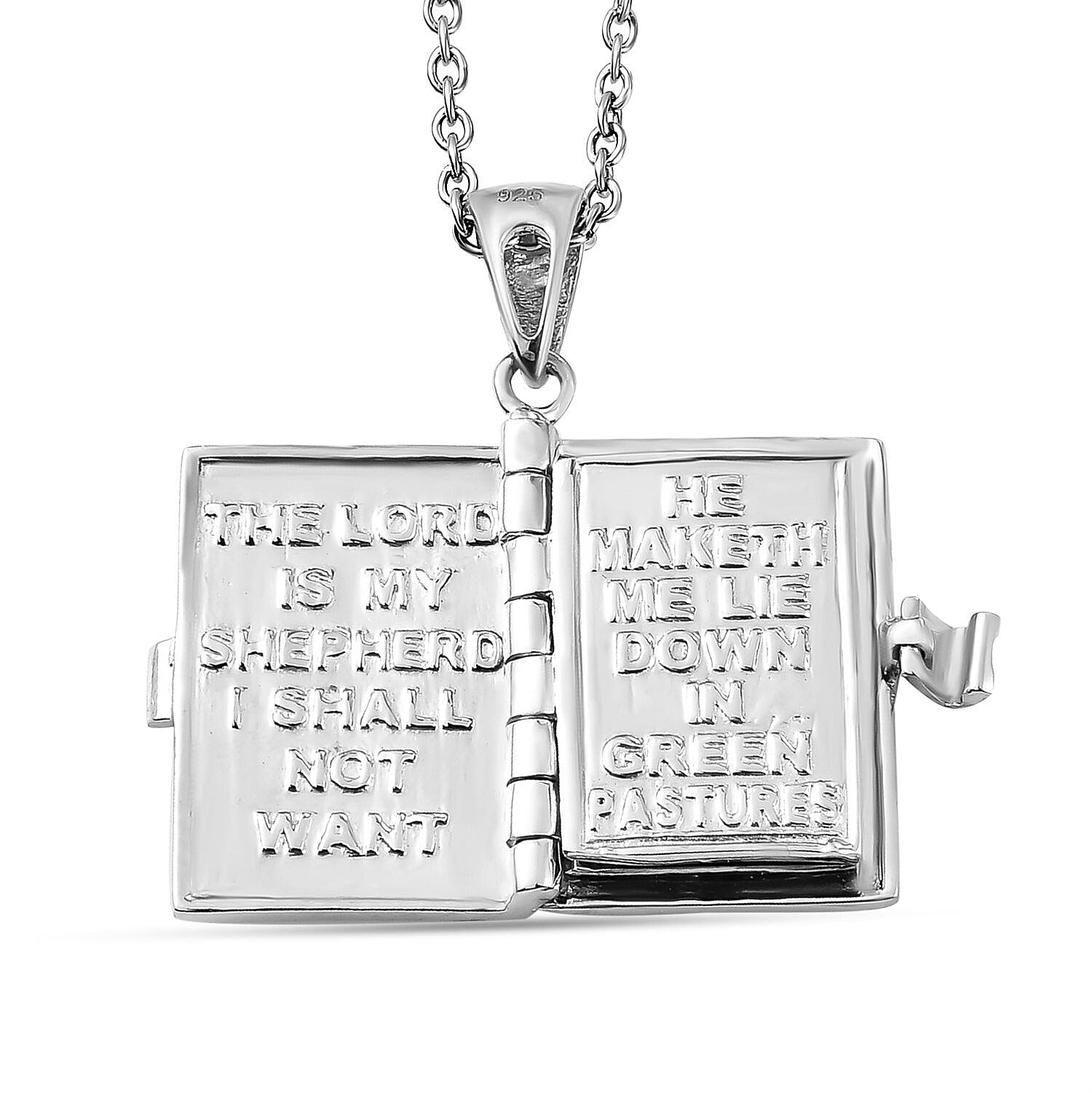 Platinum Overlay Sterling Silver Holy Bible Book (Psalm 23 Verses 1-3) Pendant with Chain (Size  20), Silver Wt. 8.73 Gms.