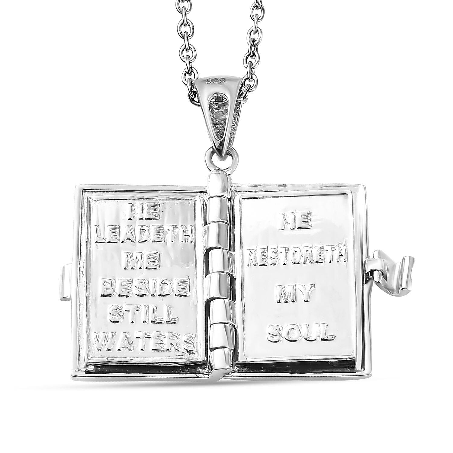 Platinum Overlay Sterling Silver Holy Bible Book (Psalm 23 Verses 1-3) Pendant with Chain (Size  20), Silver Wt. 8.73 Gms.