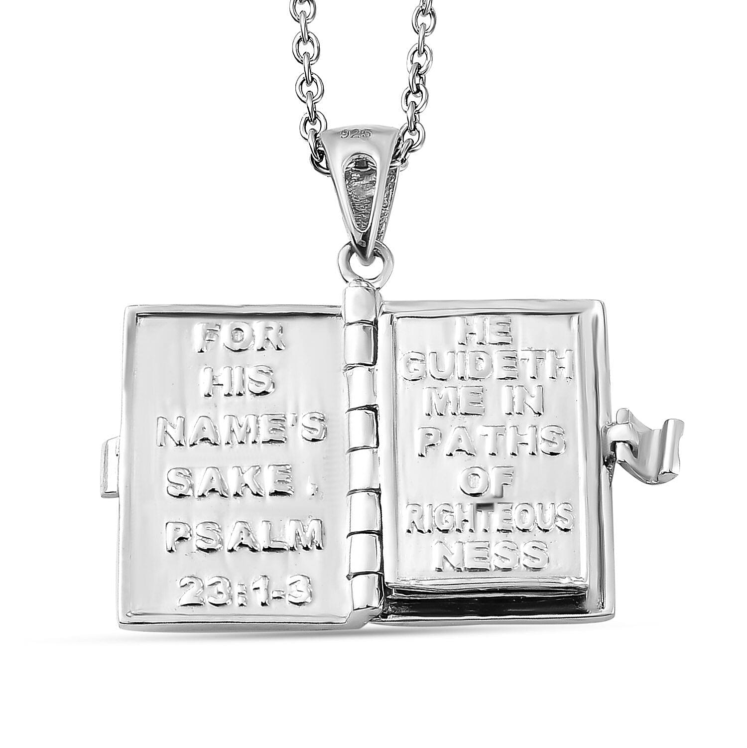 Platinum Overlay Sterling Silver Holy Bible Book (Psalm 23 Verses 1-3) Pendant with Chain (Size  20), Silver Wt. 8.73 Gms.