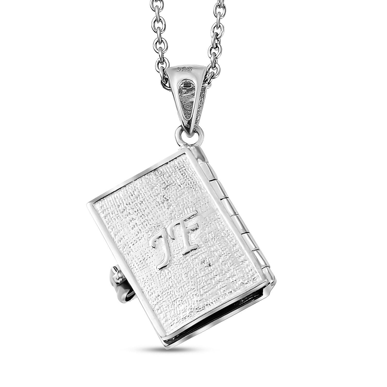 Platinum Overlay Sterling Silver Holy Bible Book (Psalm 23 Verses 1-3) Pendant with Chain (Size  20), Silver Wt. 8.73 Gms.