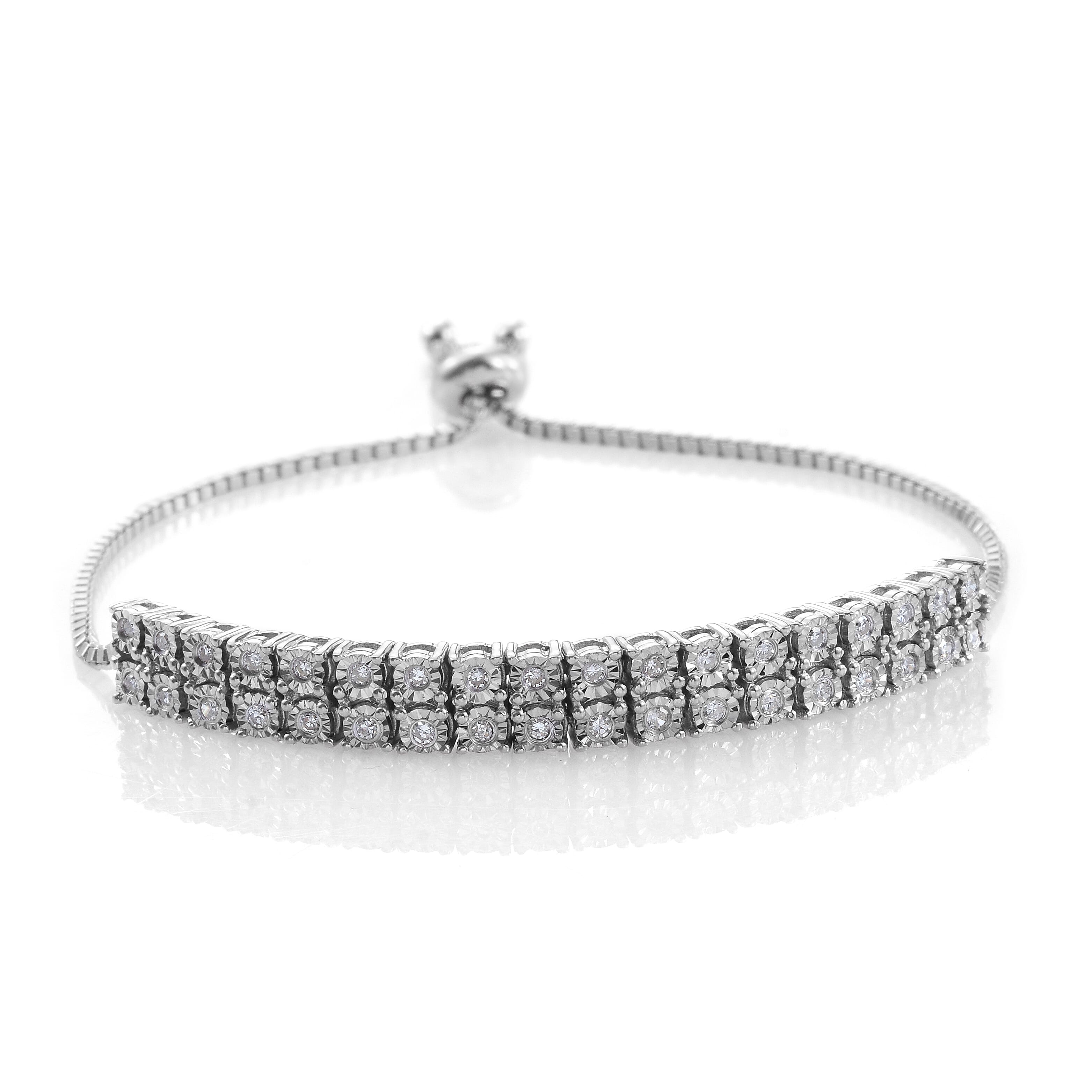 Close Out Deal Diamond (I1-I2 Clarity, Rnd) Bolo Bracelet (Size 6.5 to 9.5 Adjustable) in Platinum Overlay Sterling Silver 0.36 Ct, Silver wt 9.70 Gms