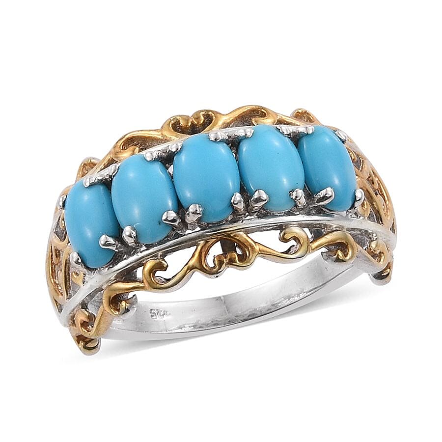 Arizona Sleeping Beauty Turquoise (Ovl) Filigree Design Five Stone Ring in Platinum and Yellow Gold Overlay Sterling Silver 2.00 Ct.