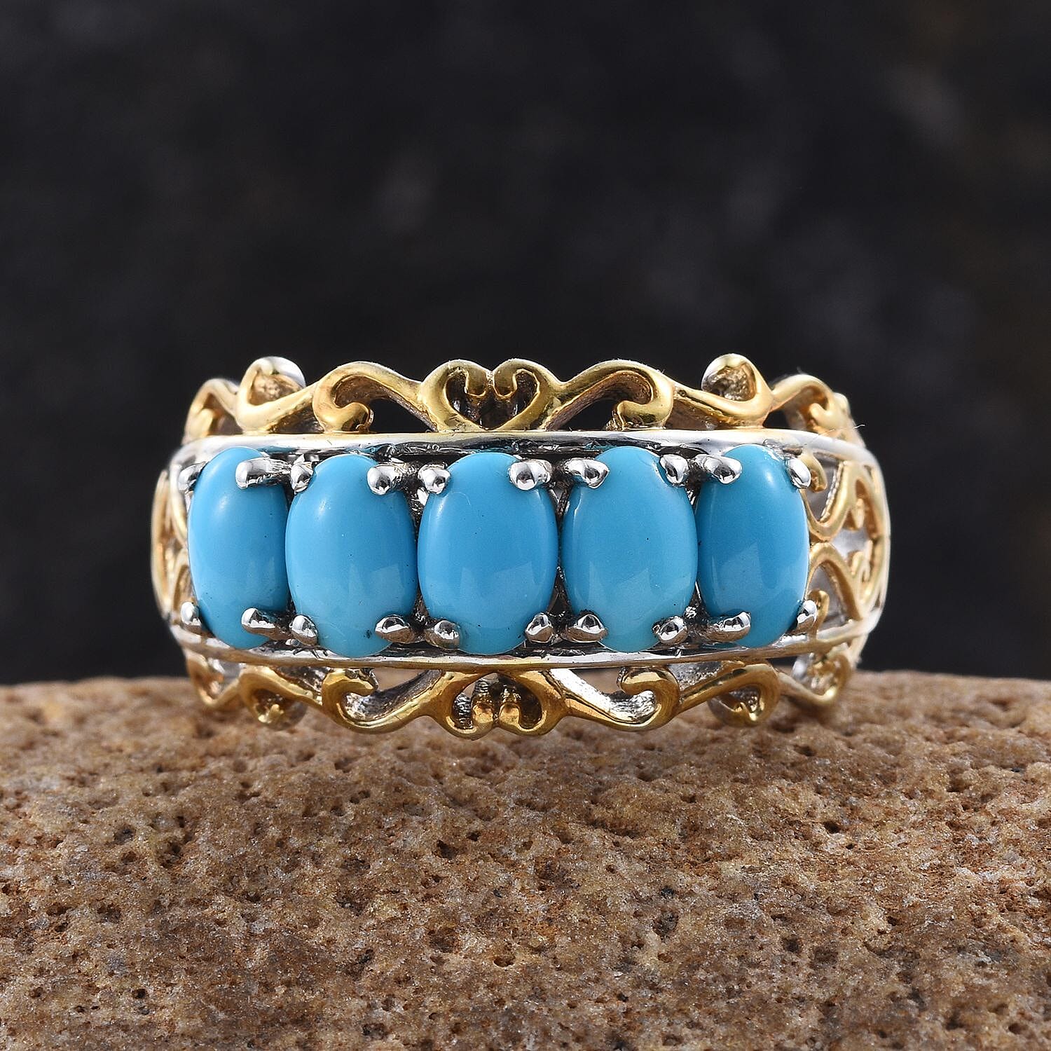 Arizona Sleeping Beauty Turquoise (Ovl) Filigree Design Five Stone Ring in Platinum and Yellow Gold Overlay Sterling Silver 2.00 Ct.
