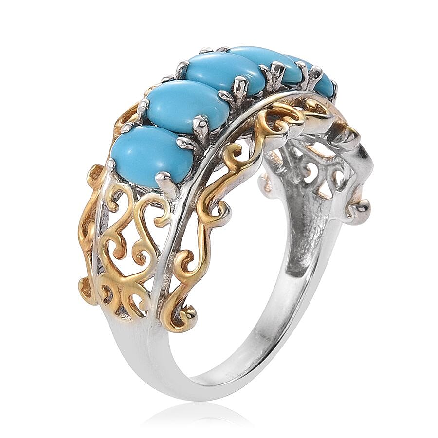 Arizona Sleeping Beauty Turquoise (Ovl) Filigree Design Five Stone Ring in Platinum and Yellow Gold Overlay Sterling Silver 2.00 Ct.