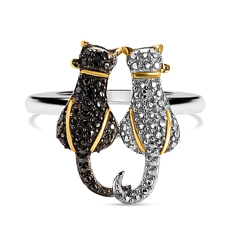 White and Black Diamond Twin Cat Ring in 18k Yellow Gold Overlay and Rodium.