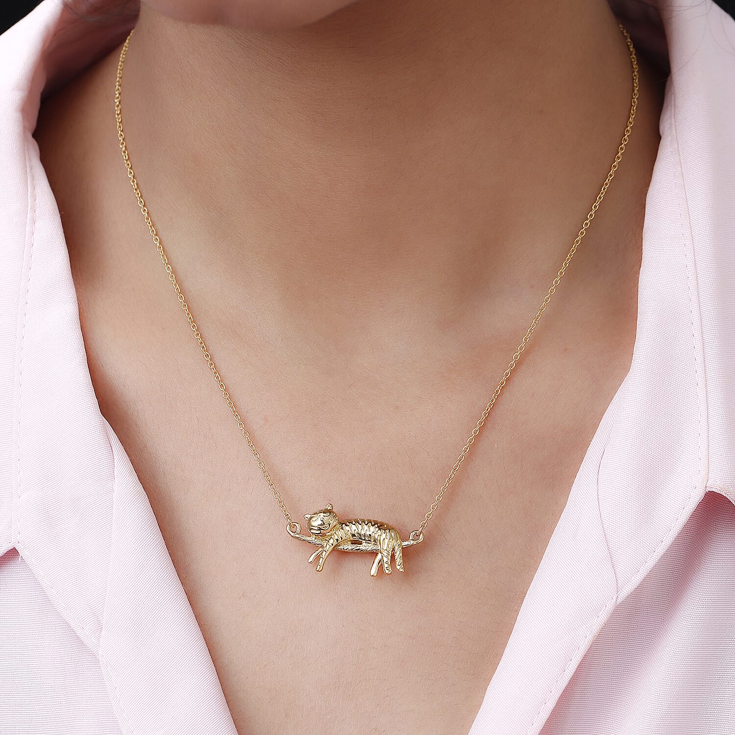 14K Gold Overlay Sterling Silver Cat Necklace (Size 18), Silver wt 6.70 Gms.