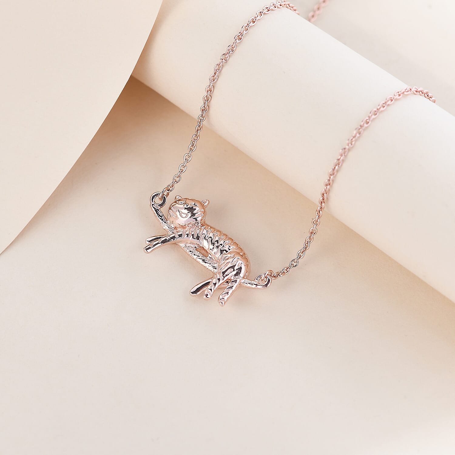 Rose Gold Overlay Sterling Silver Cat Necklace (Size 18), Silver wt 6.31 Gms.