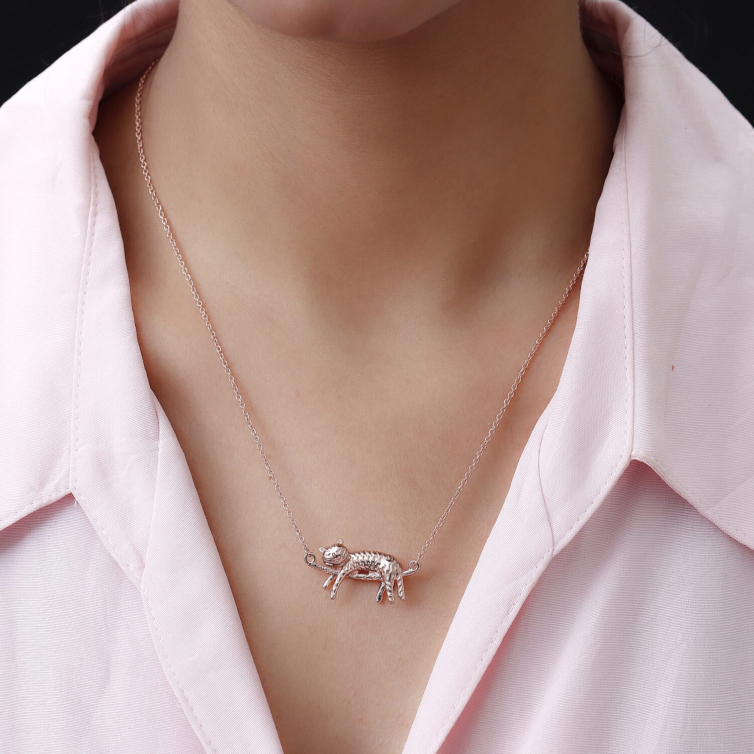 Rose Gold Overlay Sterling Silver Cat Necklace (Size 18), Silver wt 6.31 Gms.