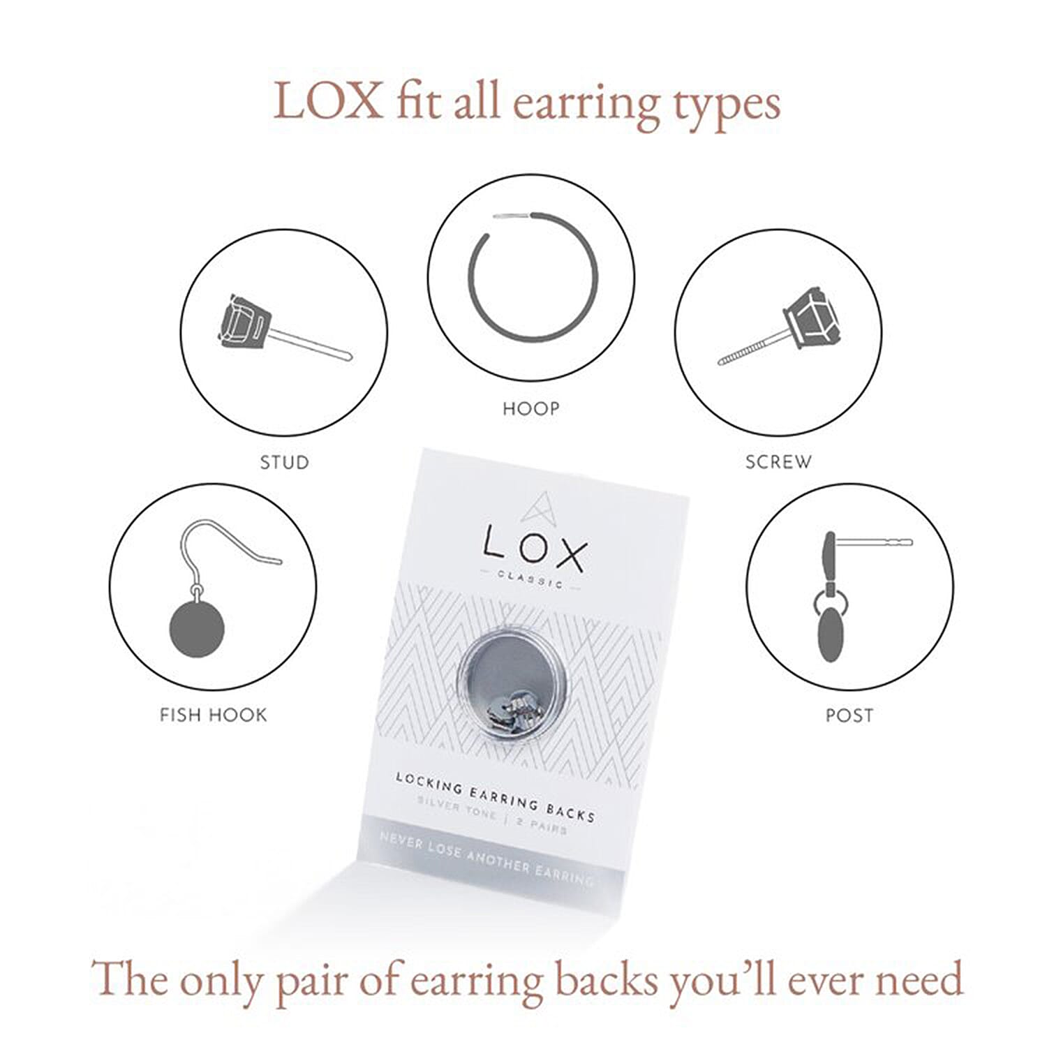 Connoisseurs LOX Secure Earring Backs - Set of Two Pcs Push Set in Silver Tone.