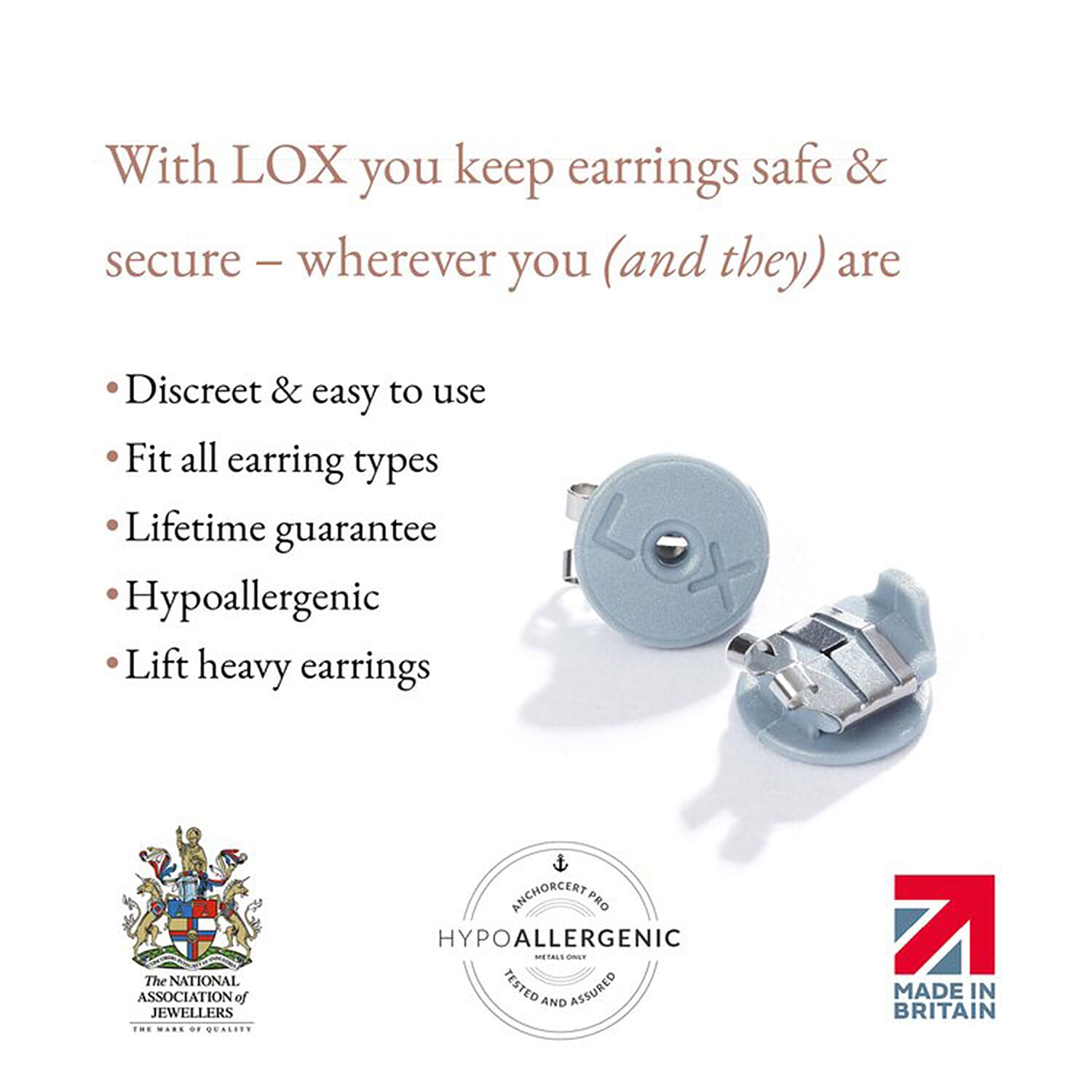 Connoisseurs LOX Secure Earring Backs - Set of Two Pcs Push Set in Silver Tone.