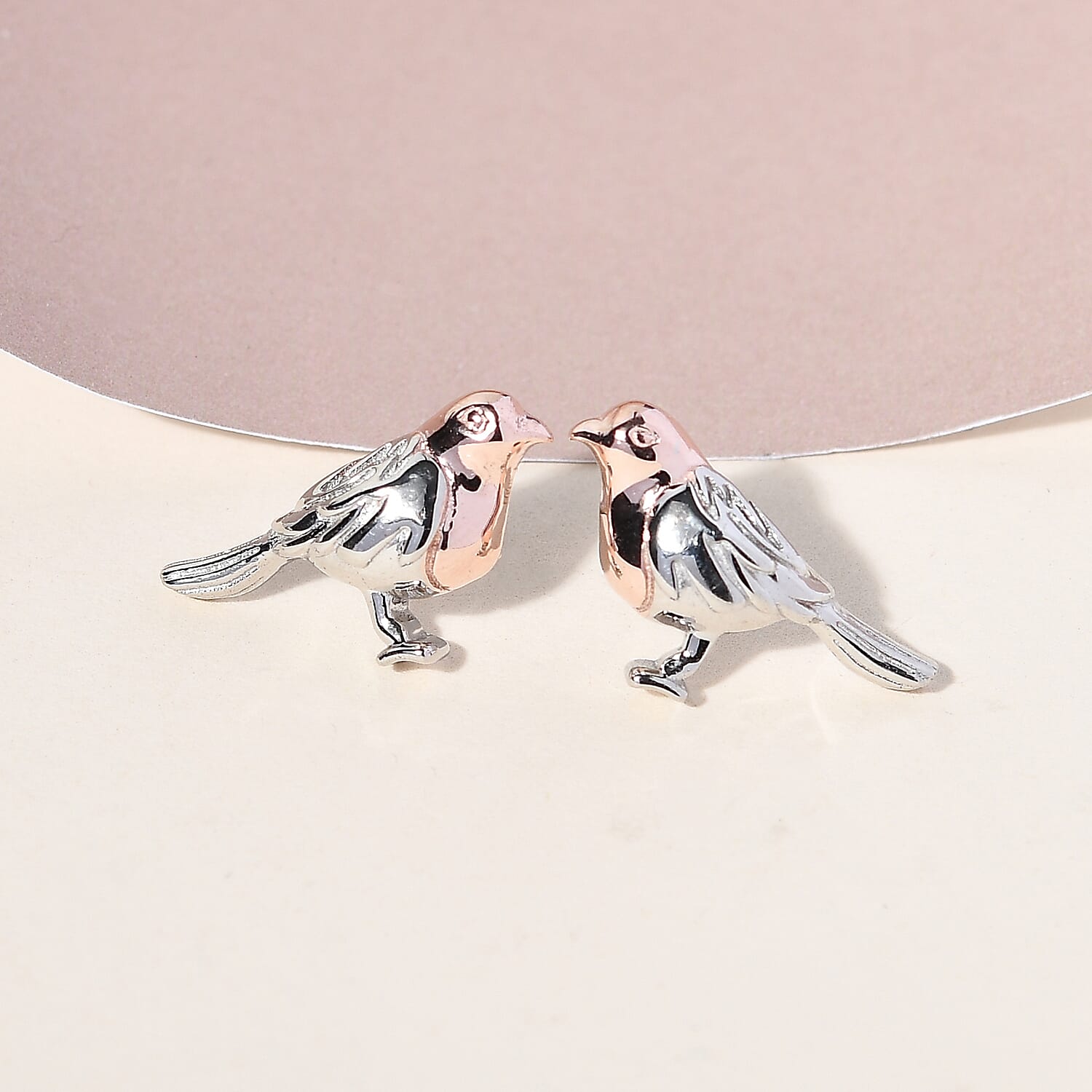The National Bird - Robin Stud Earrings with Push Back in 18K Vermeil Rose Gold Plated and Platinum Overlay Sterling Silver