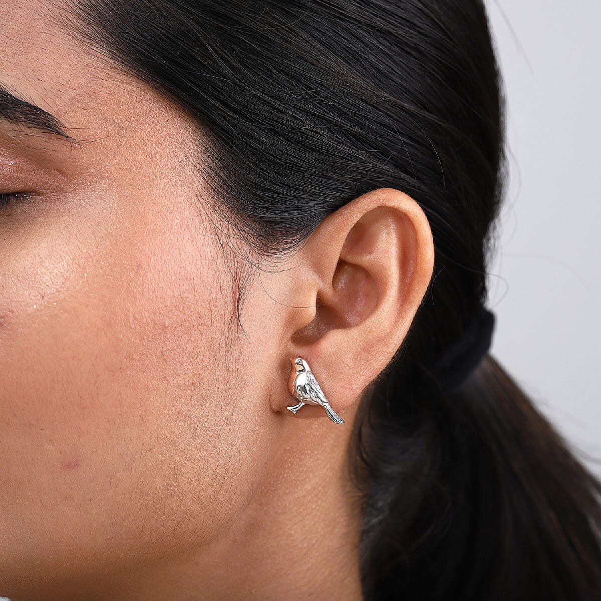 The National Bird - Robin Stud Earrings with Push Back in 18K Vermeil Rose Gold Plated and Platinum Overlay Sterling Silver