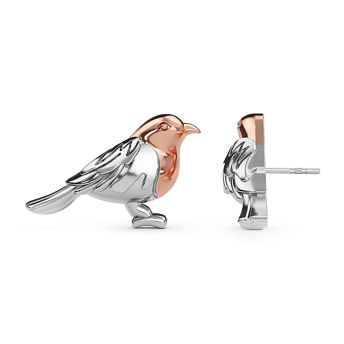 The National Bird - Robin Stud Earrings with Push Back in 18K Vermeil Rose Gold Plated and Platinum Overlay Sterling Silver