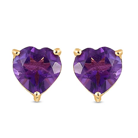 Amethyst Heart Stud Earrings in 18K Yellow Gold Vermeil Plated Sterling Silver 1.99 Ct.
