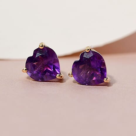 Amethyst Heart Stud Earrings in 18K Yellow Gold Vermeil Plated Sterling Silver 1.99 Ct.