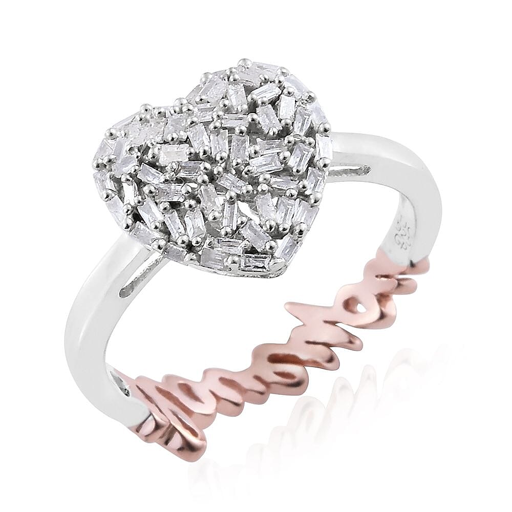 GP Diamond and Blue Sapphire Heart and ILoveYou Ring in Rose Gold and Platinum Overlay Sterling Silver