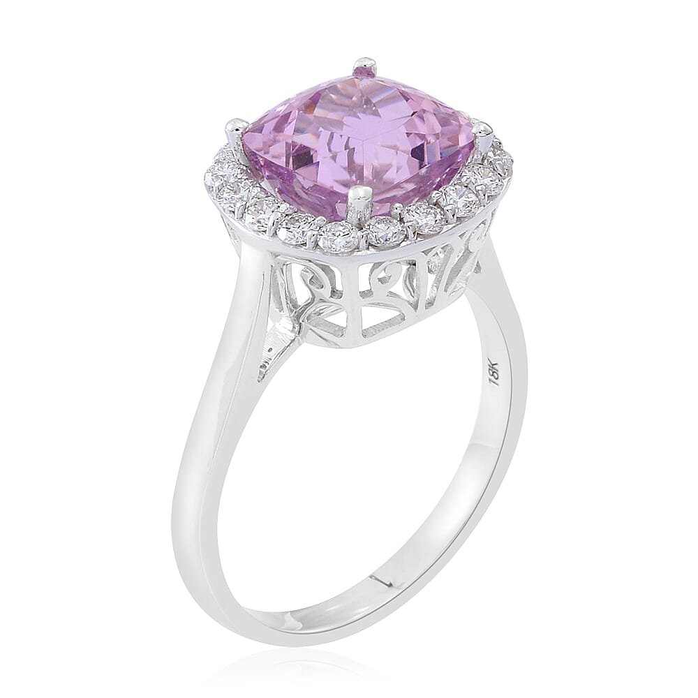 ILIANA 18K White Gold AAAA Kunzite (Cush 6.25 Ct), Diamond Ring 7.00 Ct.