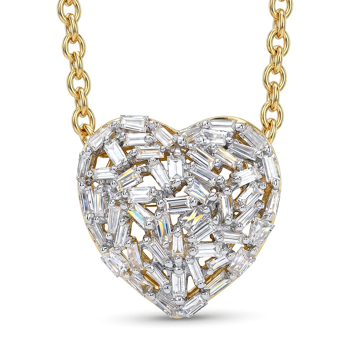 GP - Natural White Diamond & Blue Sapphire Heart Pendant with Chain (Size 20) in 18K Vermeil Yellow Gold Plated Sterling Silver 0.40 Ct.