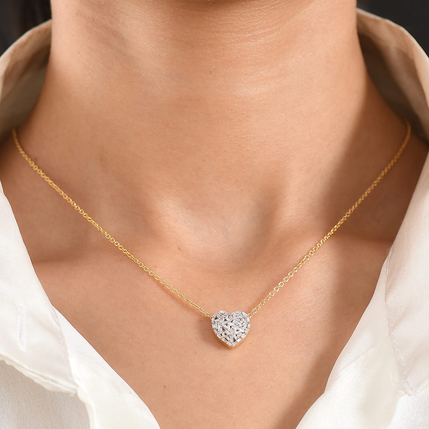 GP - Natural White Diamond & Blue Sapphire Heart Pendant with Chain (Size 20) in 18K Vermeil Yellow Gold Plated Sterling Silver 0.40 Ct.