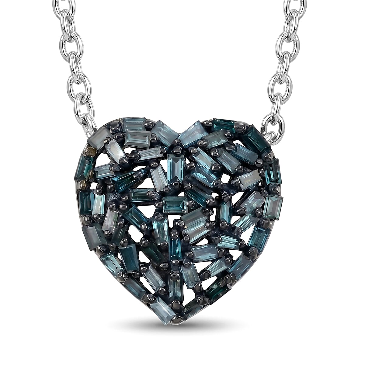 GP - Natural Blue Diamond & Blue Sapphire Heart Pendant with Chain (Size 20) in Rhodium Overlay Sterling Silver 0.40 Ct.
