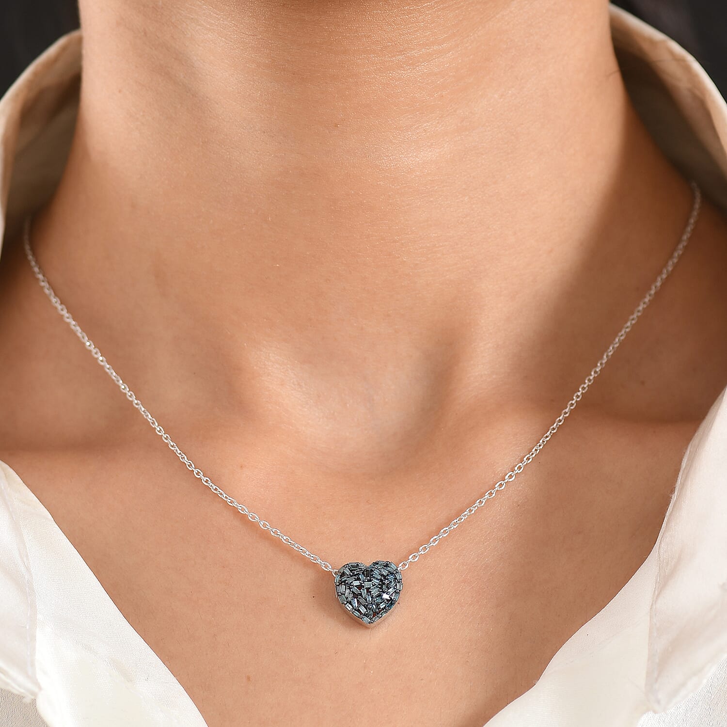 GP - Natural Blue Diamond & Blue Sapphire Heart Pendant with Chain (Size 20) in Rhodium Overlay Sterling Silver 0.40 Ct.
