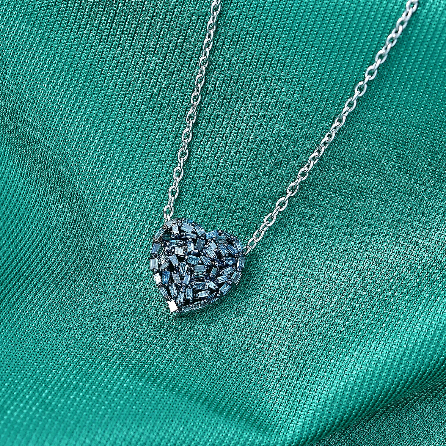 GP - Natural Blue Diamond & Blue Sapphire Heart Pendant with Chain (Size 20) in Rhodium Overlay Sterling Silver 0.40 Ct.