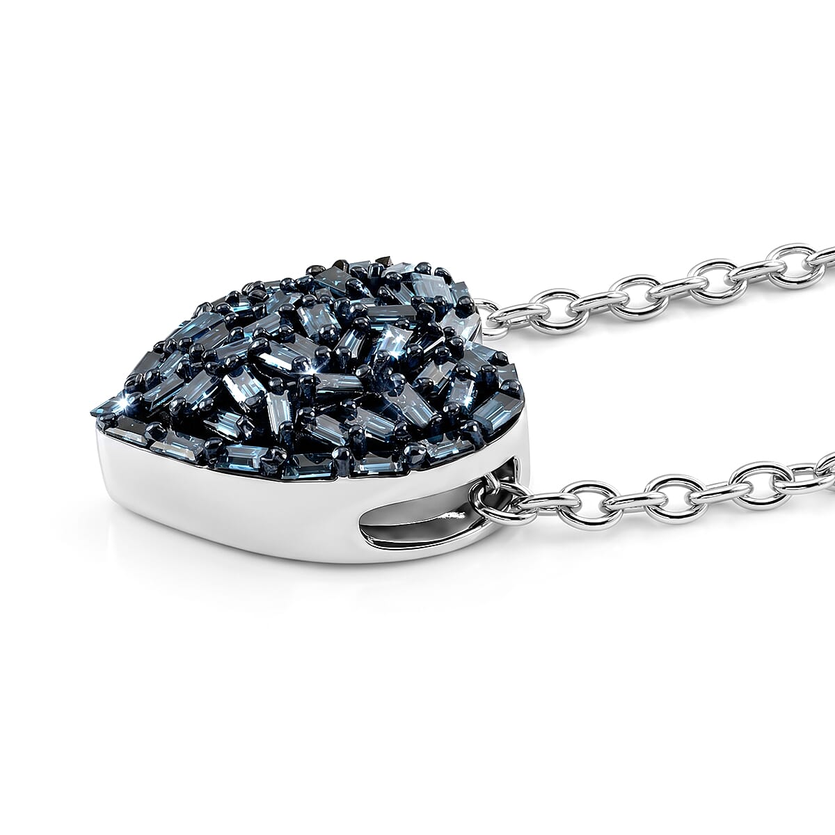 GP - Natural Blue Diamond & Blue Sapphire Heart Pendant with Chain (Size 20) in Rhodium Overlay Sterling Silver 0.40 Ct.